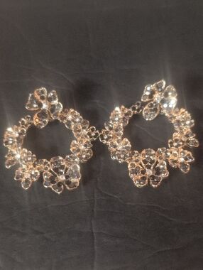 Vintage Gold and Clear Crystal Floral Hoop Earrings